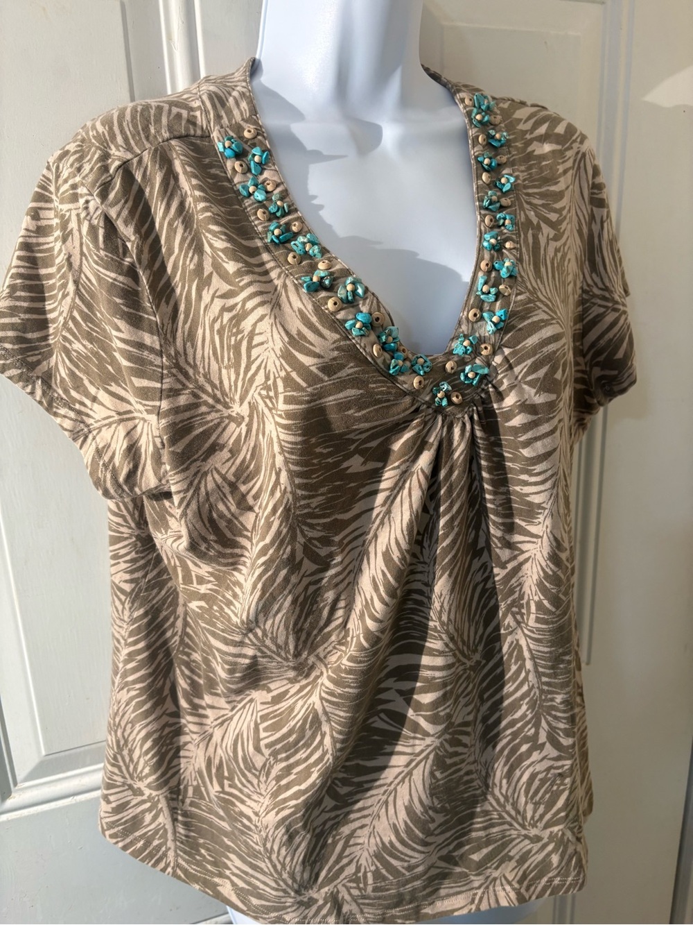 Ruby Rd. Taupe and Cream Palm-Print V-Neck Top with Turquoise Beading
